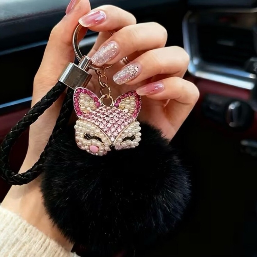 🌸 Pink Fox with Black Pom Pom keychain Bagcharm